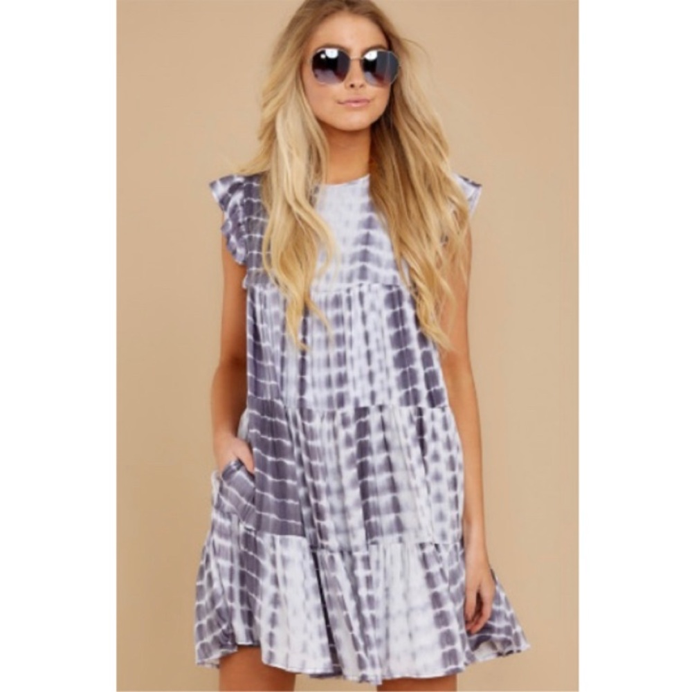 Women Grey Multi Tie Dye Ruffle Mini Dress Medium